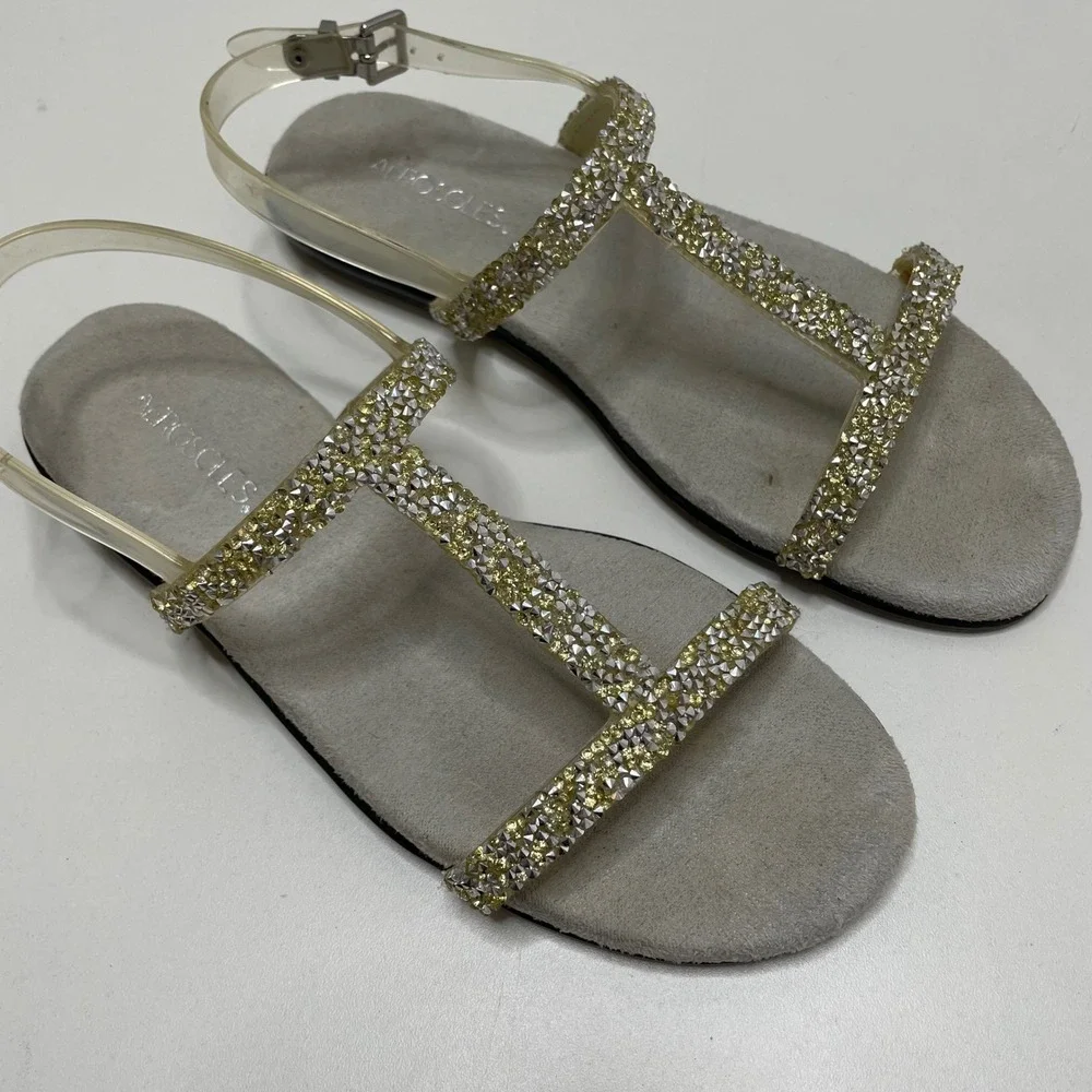 Aerosoles Womens 8.5 Rhinestone T-Strap Slingback Flat Sandals Gold Silver Glam